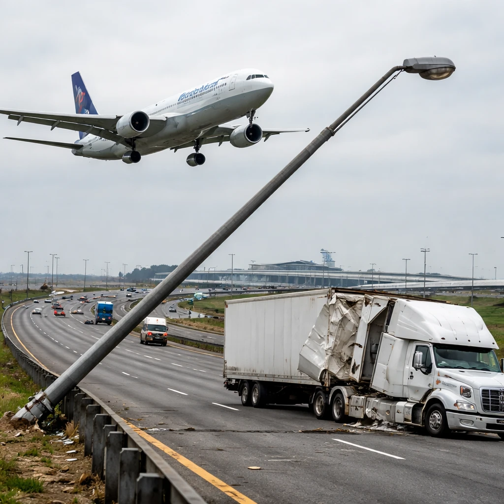 United Boeing 767 Clips Light Pole Near Newark; Tractor Trailer Sustains Damage