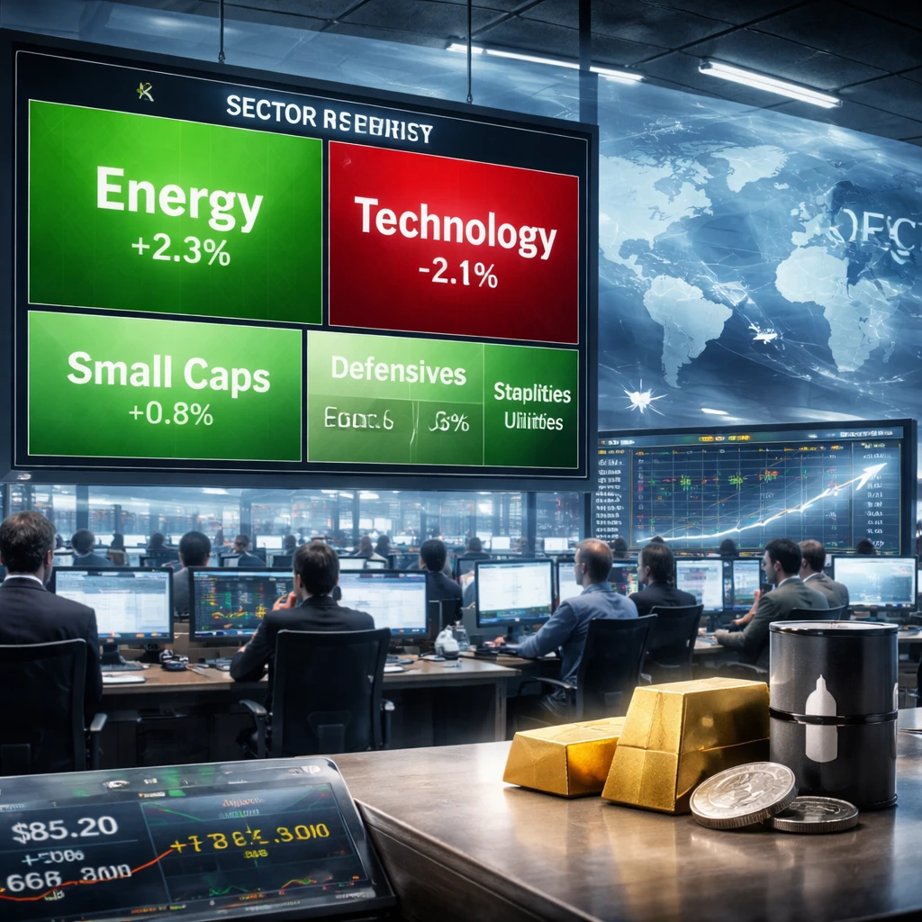 Energy climbs as tech sags; oil shock and firmer yields press the tape at midday