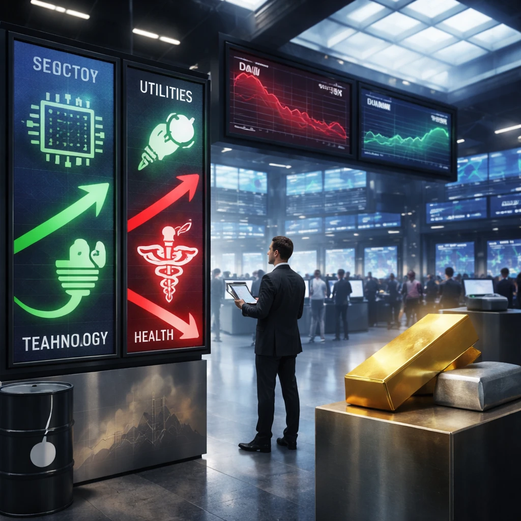 Midday market: Tech steadies the tape as managed care collapses, gold clings to record highs, oil inches up