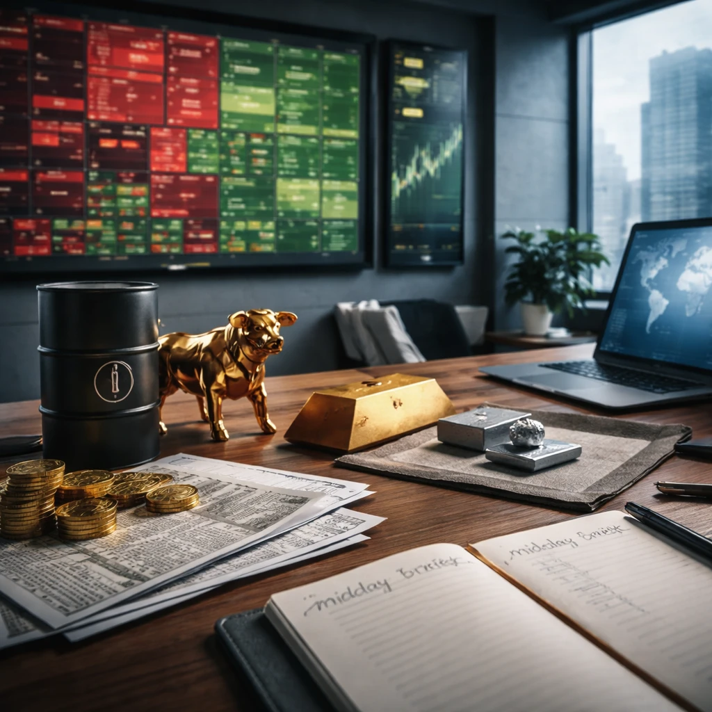 Midday markets lean defensive as tech slips, energy and banks firm; oil and gold climb while crypto sags